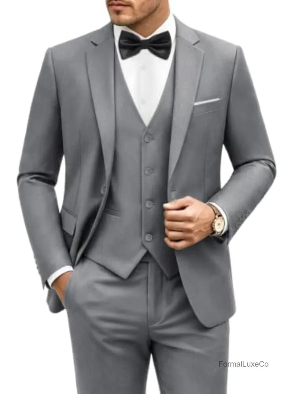 Men's 3 Piece Suit Slim Fit One Button Tuxedo with Vest & Bow Tie - Business